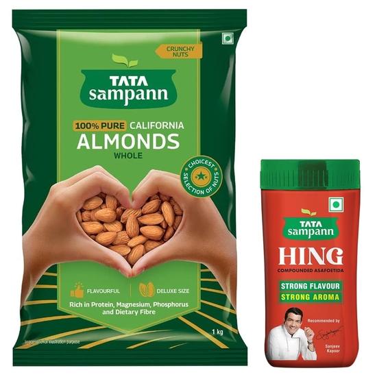 TATA Sampann Чистый калифорнийский миндаль целиком | 1 кг выгодная упаковка и Tata Sampann Hing (Бандхани Хинг), 100г