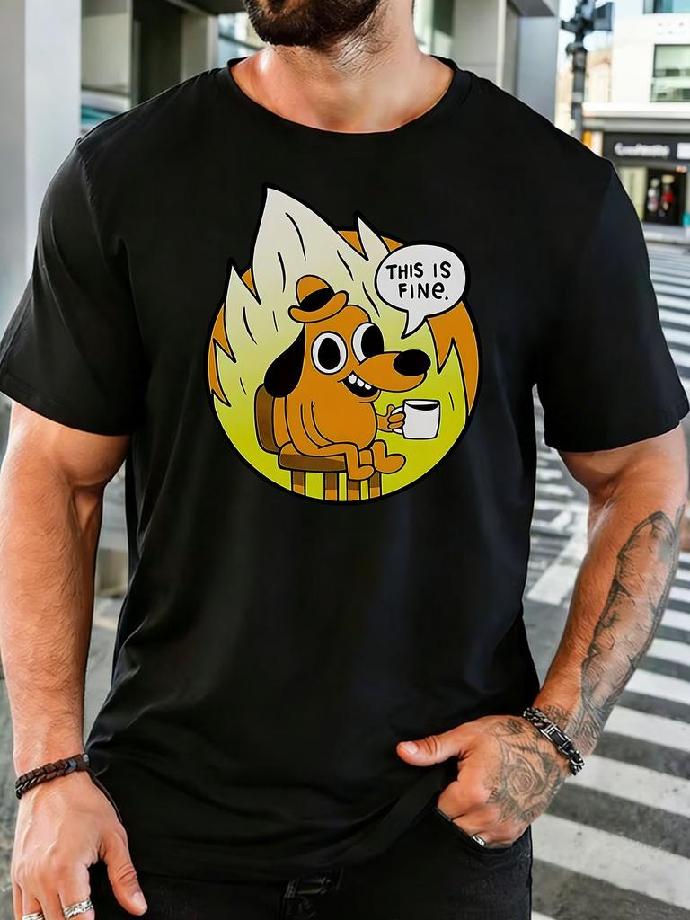 Unisexs Red Crew Neck Tee Classic This Is Fine Meme Dog Flame Background Print Loose Summer Street Casual Short Sleeve Basic Top
