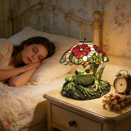 Настольная лампа «Лягушка и цветок» Ручная работа Декор из смолы с теплым свечением Декоративный ночник для спальни