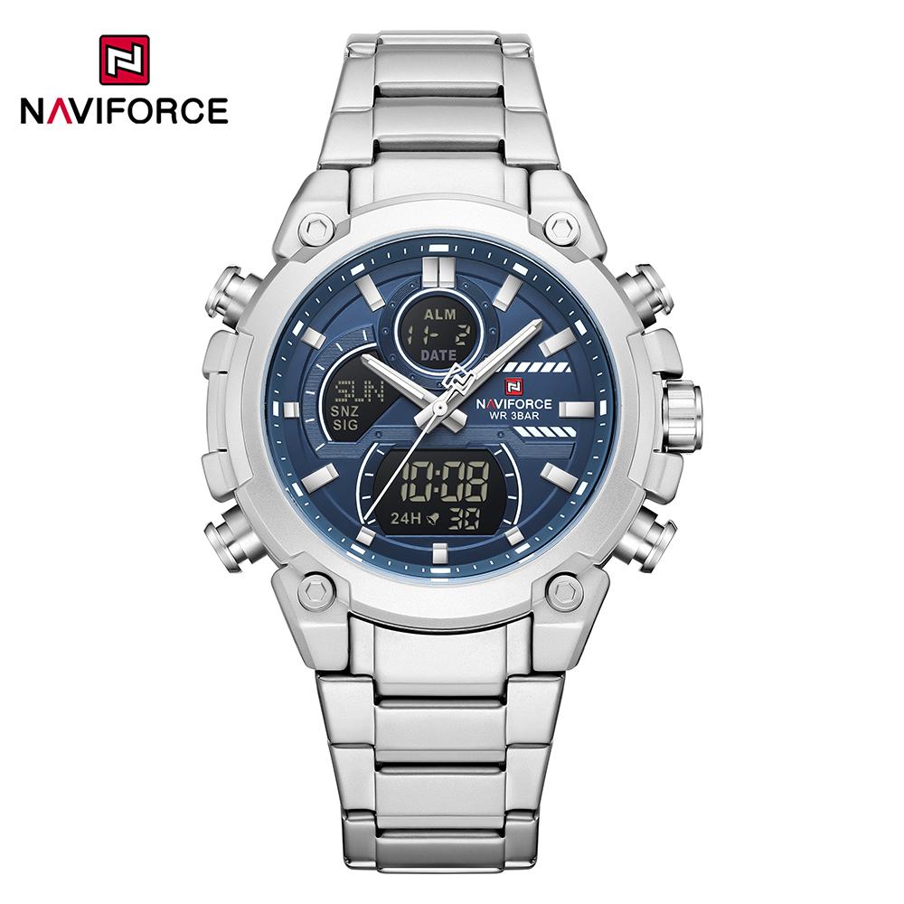 Naviforce Мужские часы с двойным временем Кварцевый механизм Цифровой ЖК-дисплей Хронограф Светящиеся стрелки Ремешок из нержавеющей стали Водонепроницаемые мужские часы NF9278