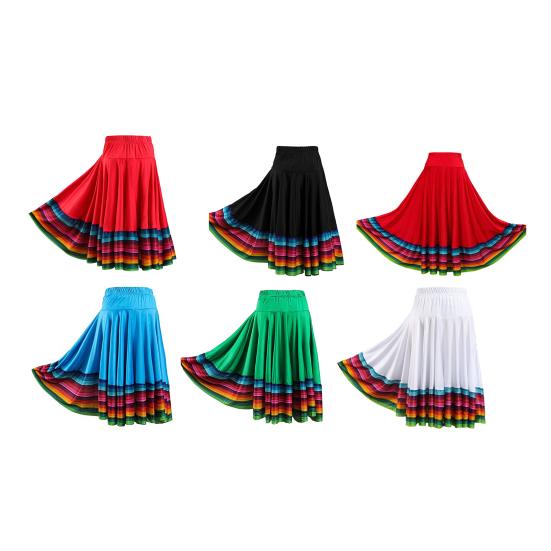 Midi Skirt Ladies Folk Dance Skirt Elastic High Waist Spanish Swing Skirt Rainbow Large Swing Hem Mexican Flamenco Performance Skirt