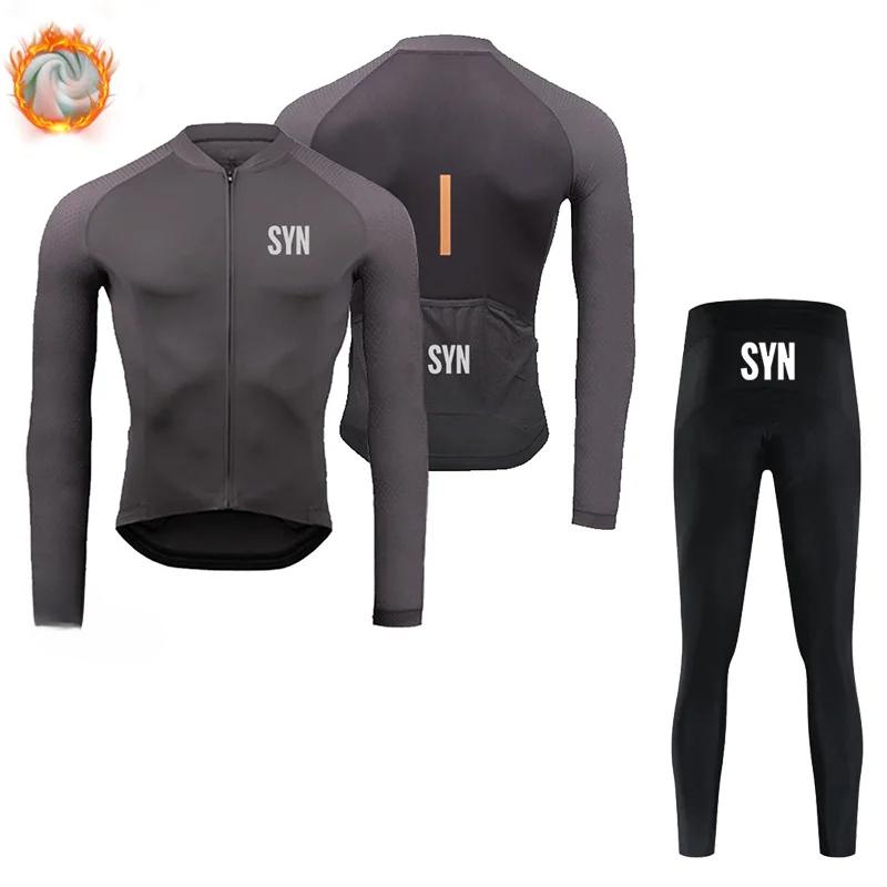 BIEHLER-Thermal Fleece Cycling Clothing Long Sleeves Warm Jersey Set Windproof Sportswear MTB Road Bike Winter