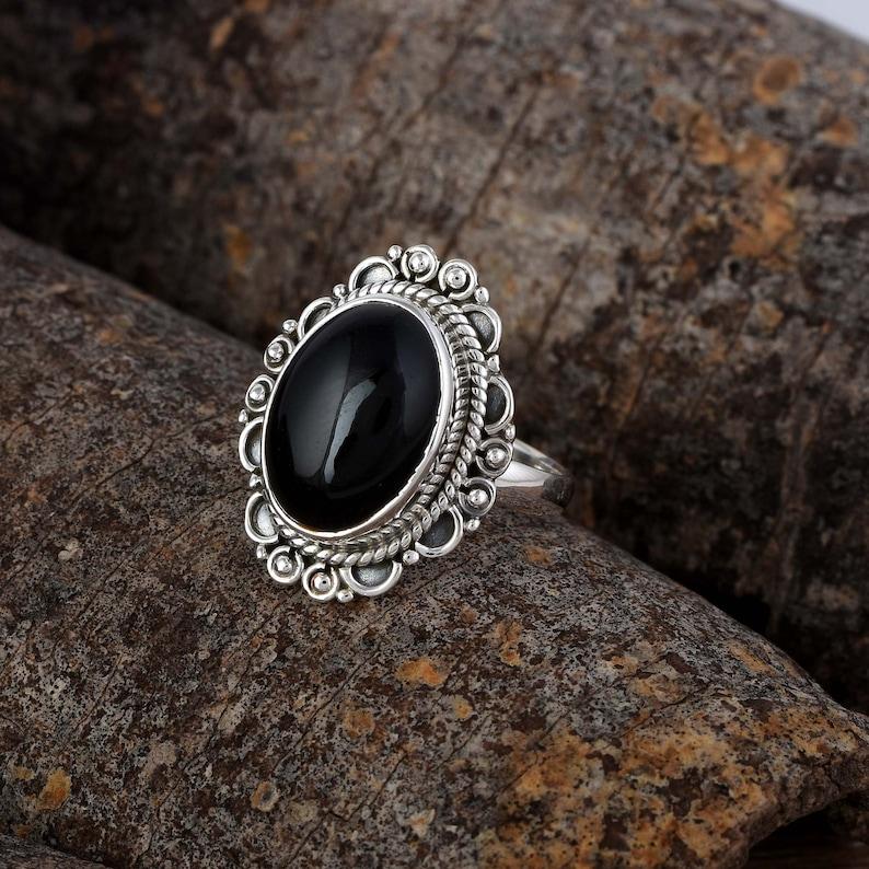 Кольцо с овальным драгоценным камнем из черного оникса, кольцо из стерлингового серебра 925 пробы, богемное кольцо, кольцо для вечеринки, ювелирные изделия ручной работы, распродажа на День святого Валентина