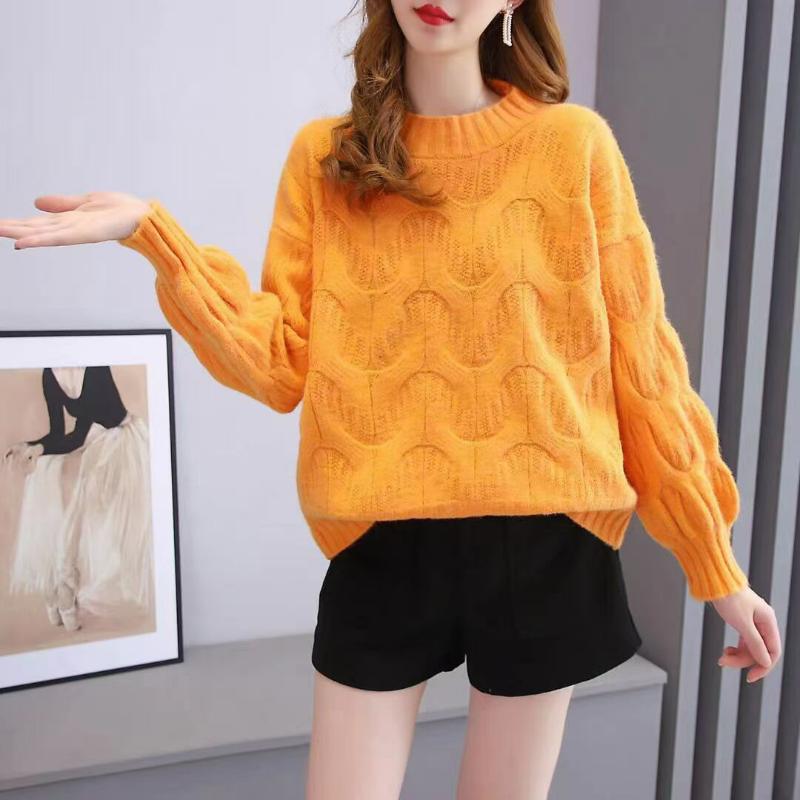 Lantern Sleeves Round Neck Twist Sweater Female Daily Casual Autumn and Winter Korean Version of Loose Thickened Twist Pullover Knitted Sweaters