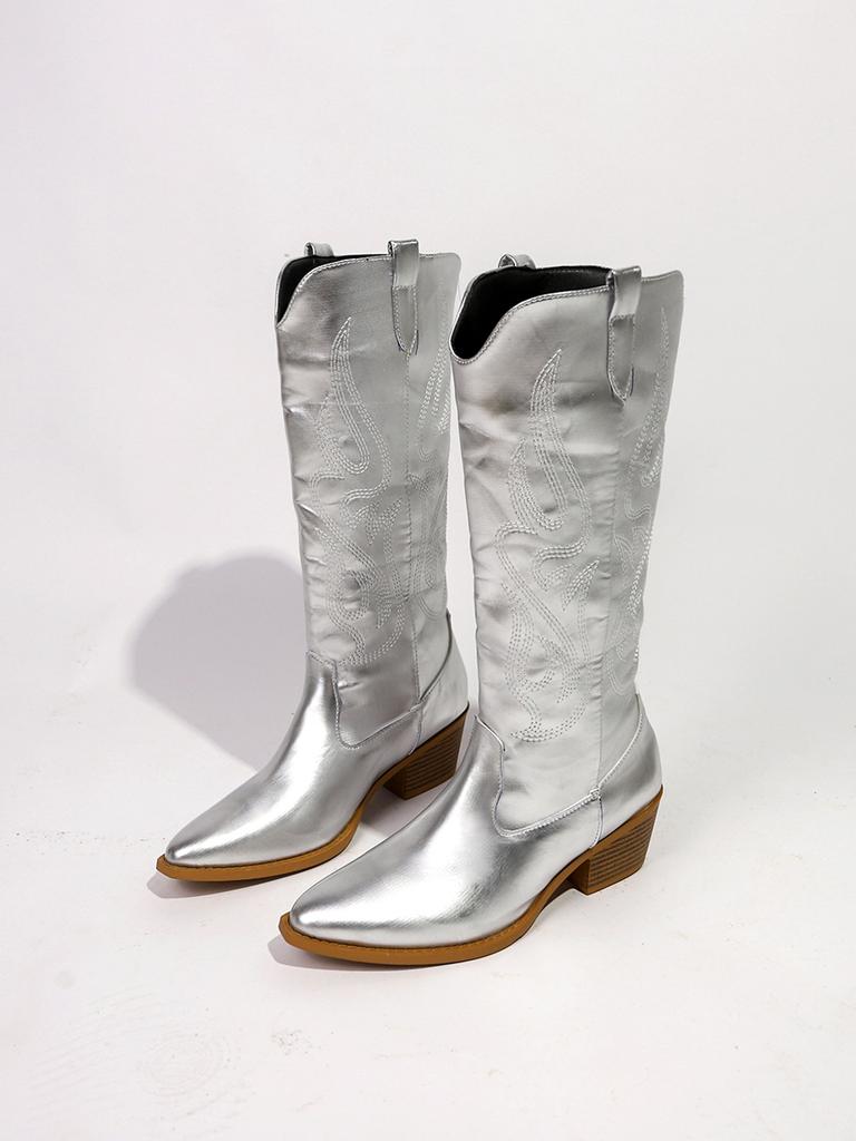 Fashion Autumn New Metallic Silver Gold Cowboy Boots Women Shoes Chunky Heels Plus Size Slip On Mid-Calf Music Festival Cowgirls Boots