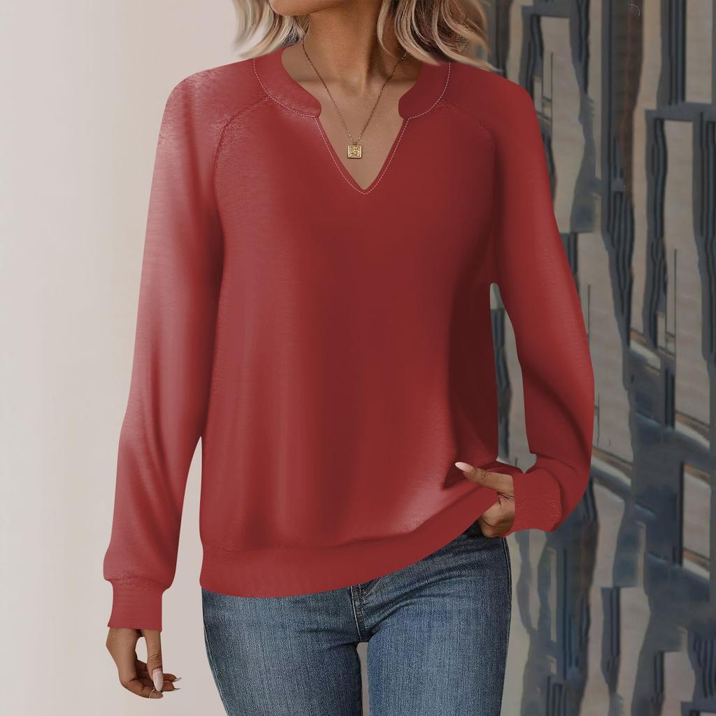 Женская повседневная толстовка с длинным рукавом и V-образным вырезом, однотонный свободный пуловер