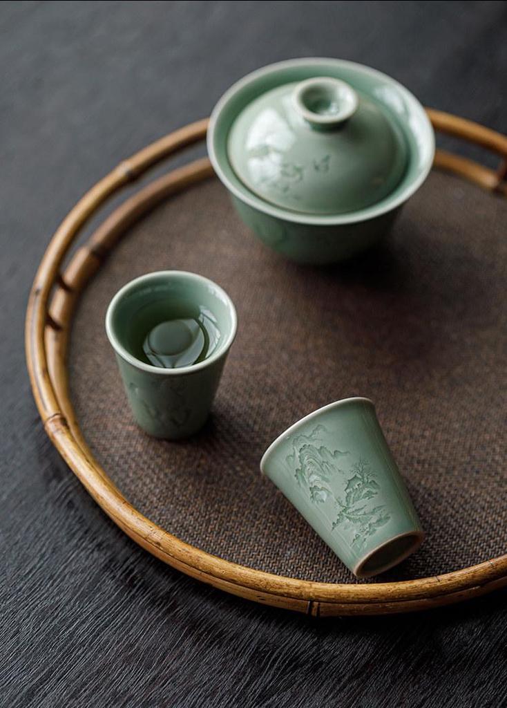 Guanlan Yue Celadon Shadow Carved Zodiac Tea Cup - High-Grade Ceramic Masterpiece for Aroma and Tea Tasting