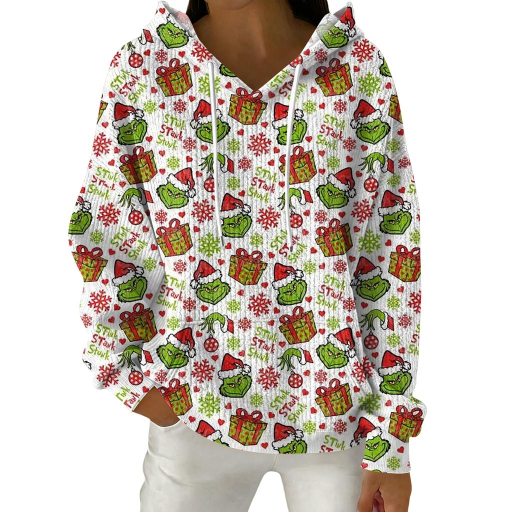 Женский модный повседневный пуловер с рождественским принтом, толстовка с капюшоном и длинными рукавами