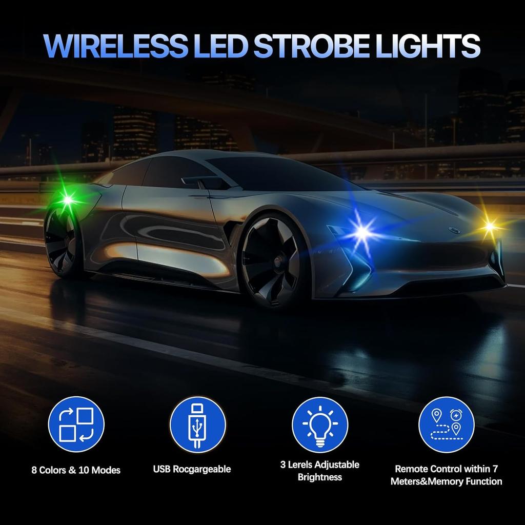 6PCS Wireless LED Lights For Car With Remote Control, High Brightness Wireless LED Strobe Light 8 Colors USB Charge IP65 Waterproof Anti-Collision