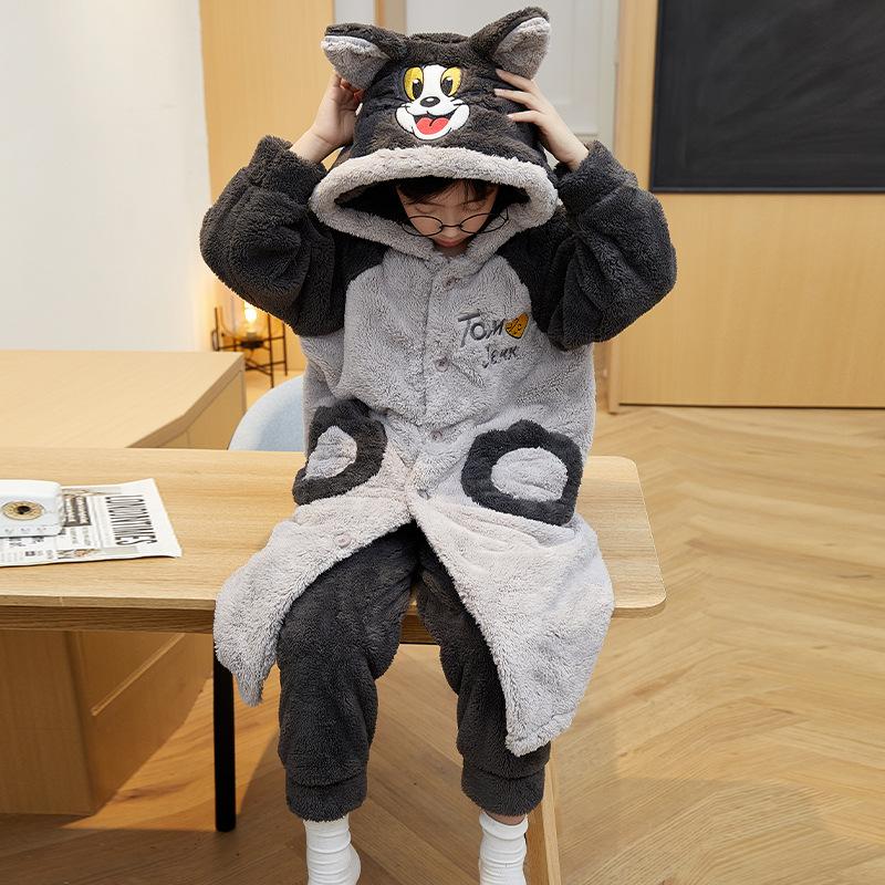 Kids Flannel Pajamas Set Boys Girls Warm Long Sleeve Top And Pants Sleepwear Winter Home Nightwear