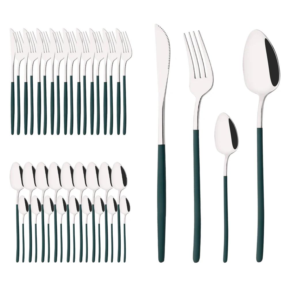 40Pcs Flatware Set Luxury Green Gold Cutlery Set Stainless Steel Dinnerware Fork Kitchen Knife Fork Coffee Spoon Tableware Set