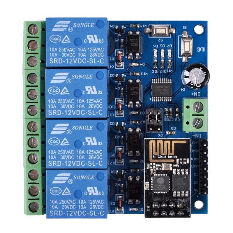 12 В постоянного тока ESP8266, 4-канальная релейная плата ESP-01, модуль WIFI для умного дома, интеллектуальная мебель, 4-канальный релейный модуль WIFI