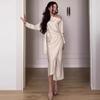2024 Autumn Women's Asymmetric Neck Tie Waist Long Sleeve Dress