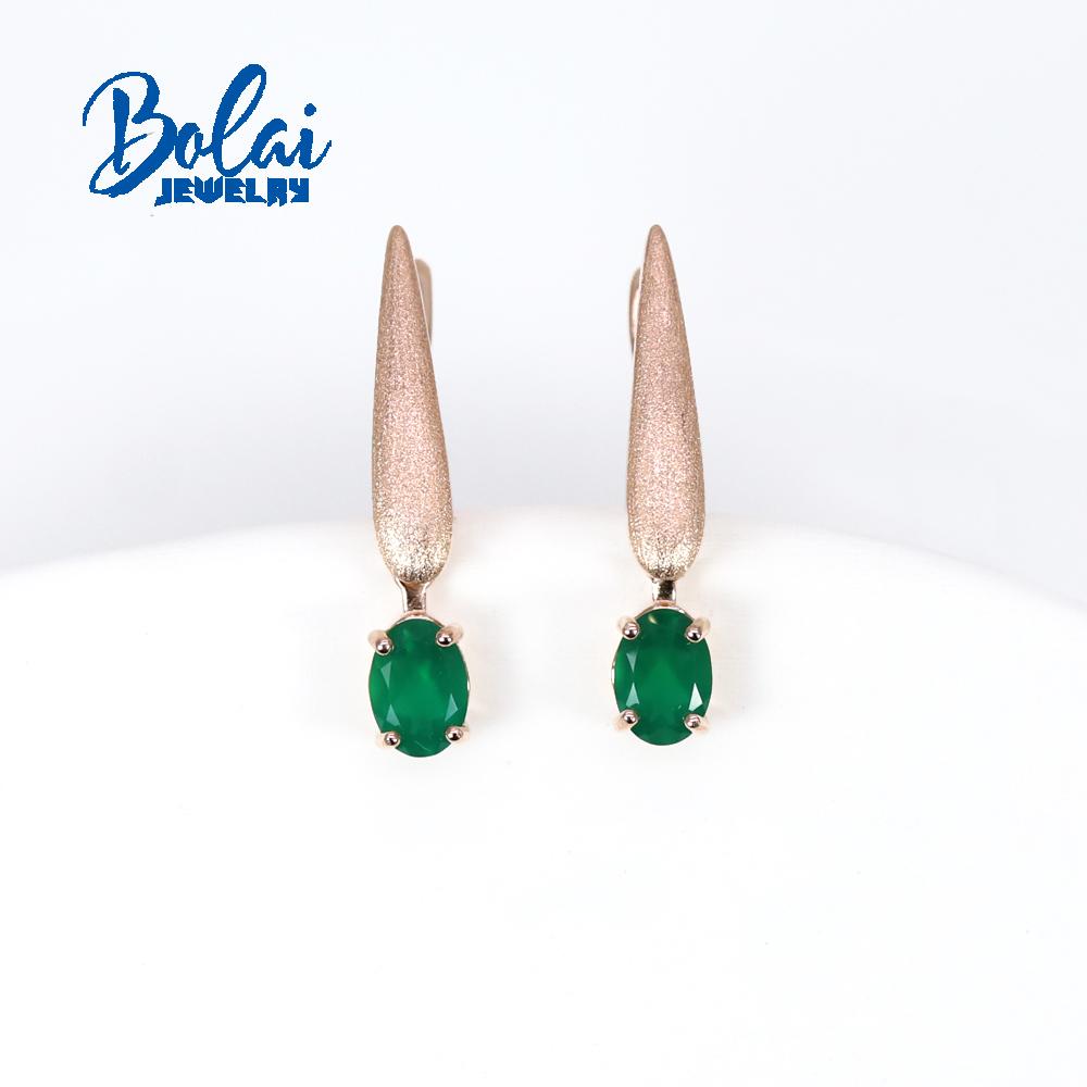 Bolaijewelry Серьги-кольца овальной формы 5*7 мм с натуральным зеленым агатом, комплект украшений из стерлингового серебра 925 пробы, розовое золото, изысканные украшения для женщин, подарок на годовщину