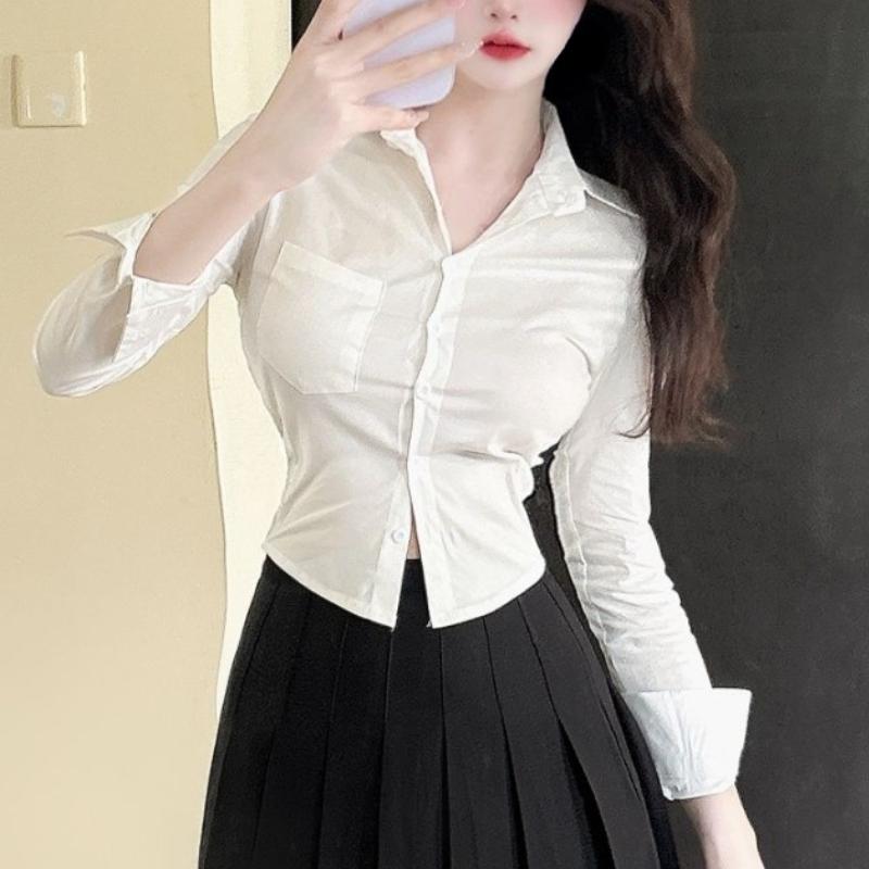 Тонкие рубашки с длинным рукавом, женские однотонные рубашки с короткой талией, пикантные универсальные топы на весну и осень с отложным воротником, женские шикарные Mujer