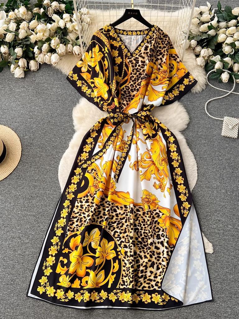Summer Runway Baroque Leopard Dress Women Batwing Sleeve V Neck Golden Flower Print Bandage Lace Up Belt Loose Maxi Robe