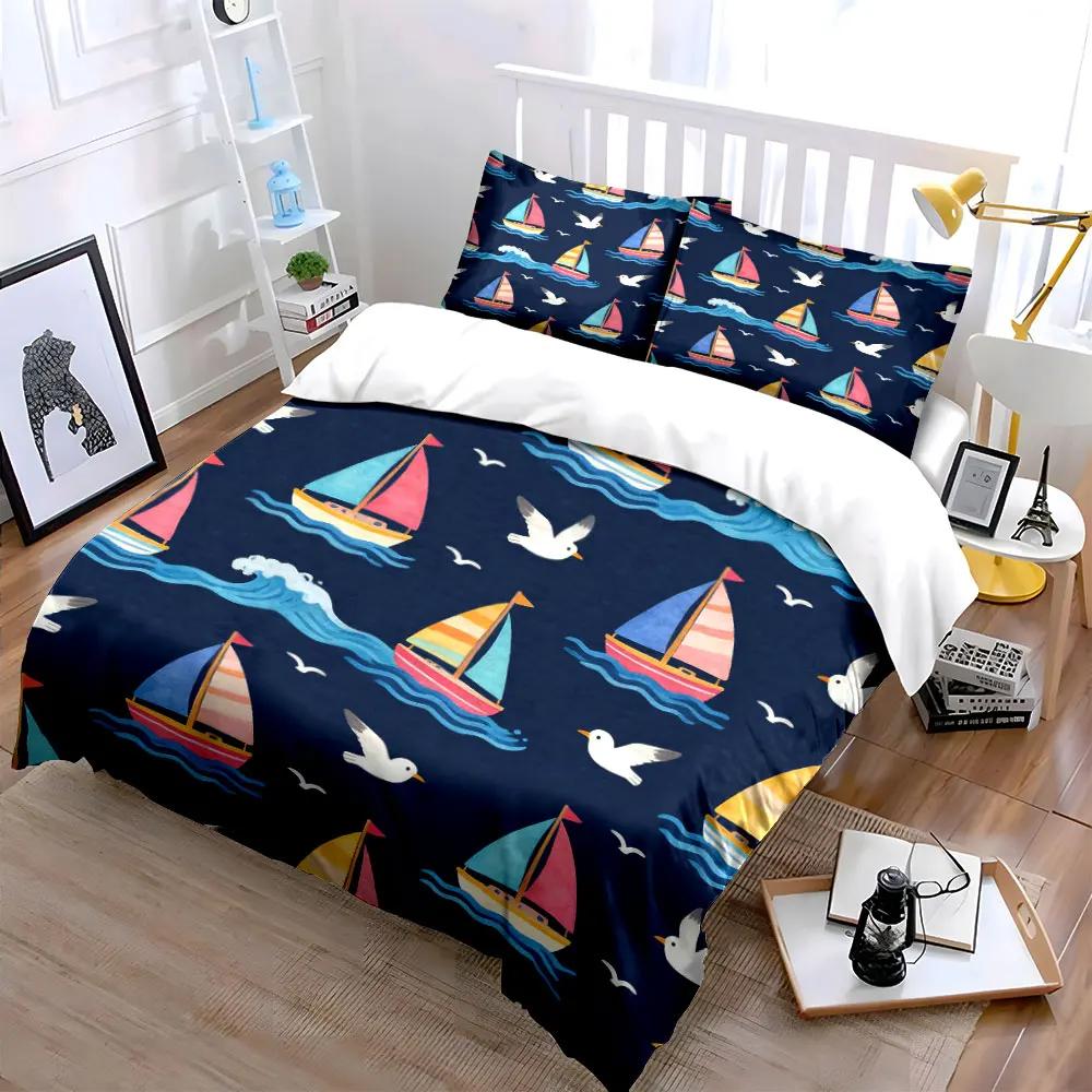 Sailboat Pattern Three-Piece Set Soft Comfortable Duvet Cover Bedding Set Included 1*Duvet Cover & 2*Pillowcases gift