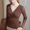 Mesh Base Shirt for Women In Spring New Women's Cross V-neck European Shirt Pleated Waist-hugging Top