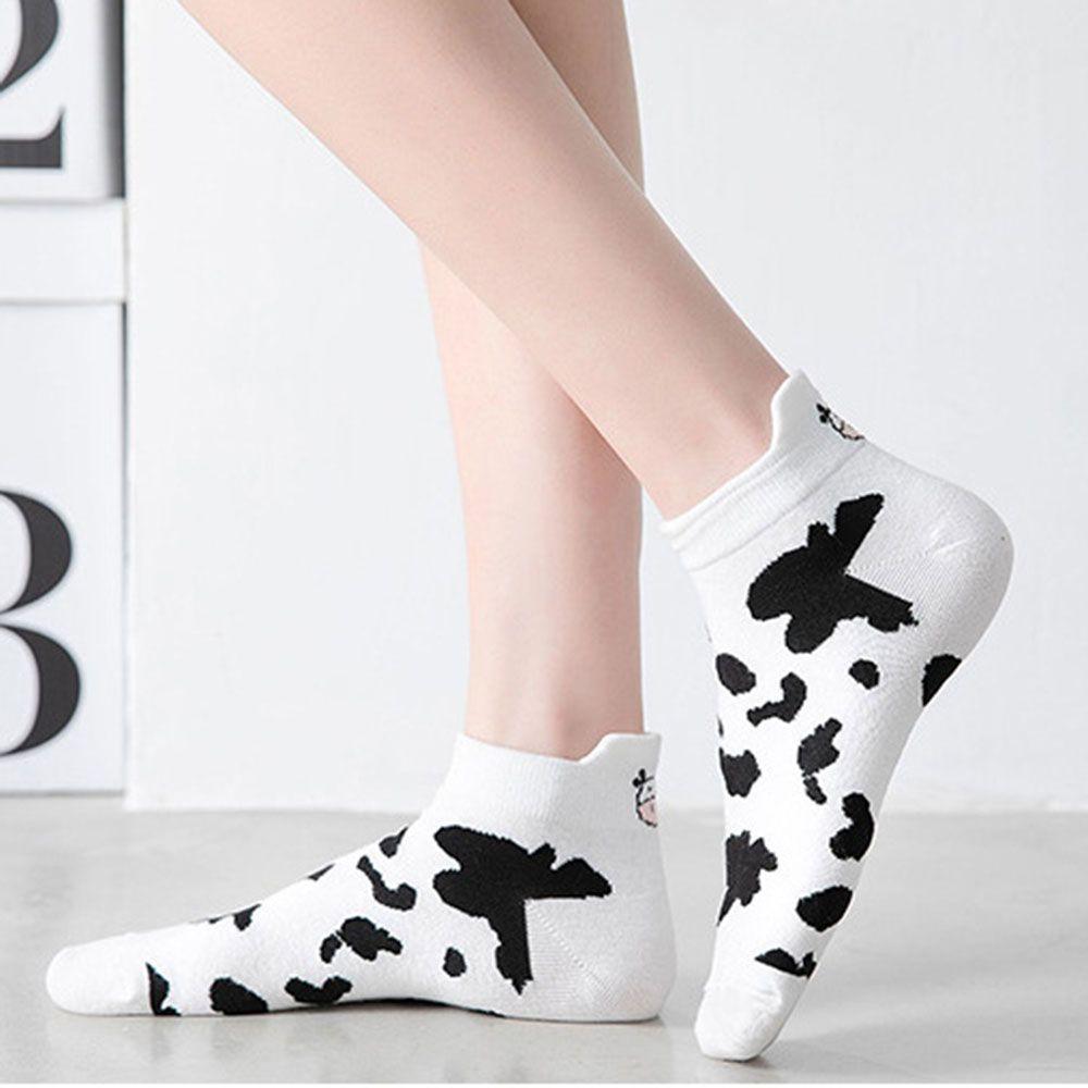 Black White Cute Cartoon Super Thin Women's Socks Boat Socks Striped Cow Socks Ankle Short Socks