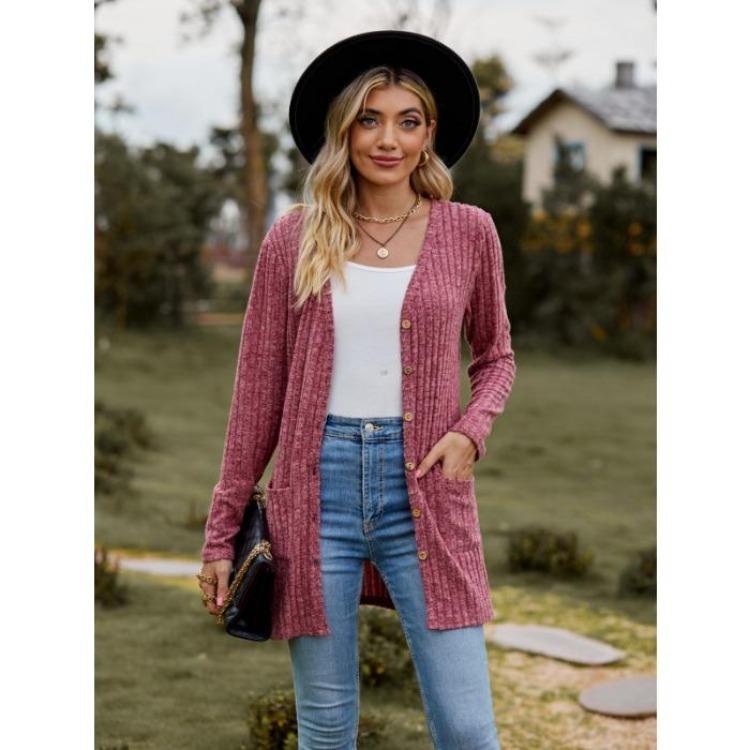 Women's Cardigan Sweater Long Sleeve Solid Color Striped Knit Autumn Winter Fashion
