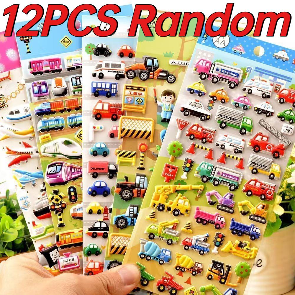 Children Cartoon Vehicle Stickers Engineering Car Traffic Police Fire Truck Stationery Sticker DIY Bubble Stickers for Kids