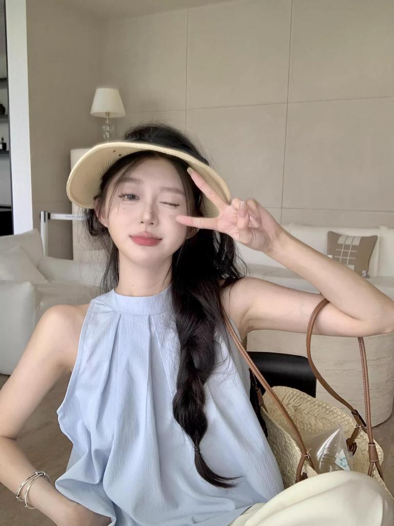 Шикарный французский синий плиссированный топ без рукавов для женщин - модный летний дизайн