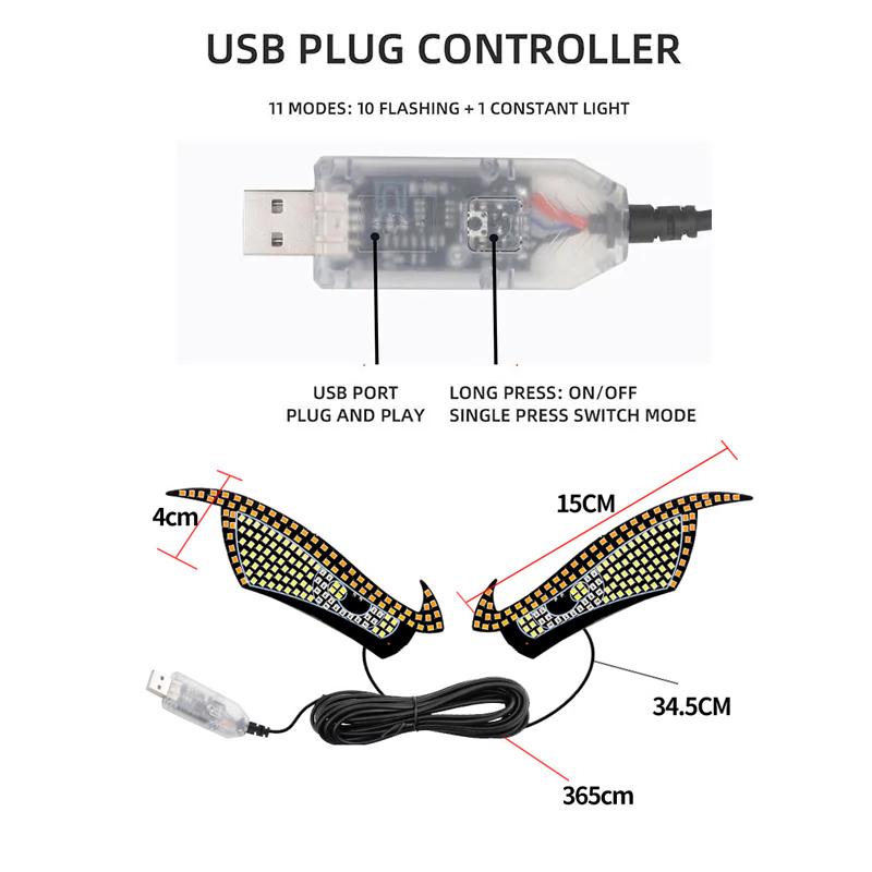 Светодиодная сигнальная лампа Devil Eyes для лобового стекла автомобиля, USB-разъем, 11 режимов, предупреждающая лампа, декоративное освещение для автомобильных аксессуаров