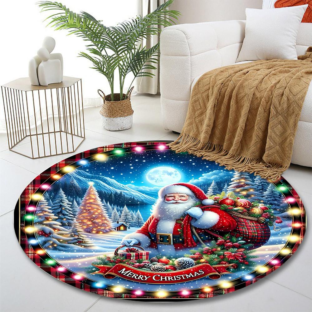 Santa Claus with Gifts in Winter Scene Print round rug, living room, bedroom, playroom carpet, non slip floor mat, gift