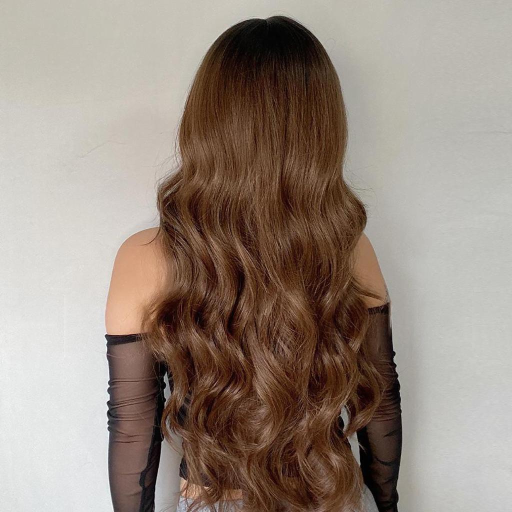 Women's 66cm Hair Dark Brown Long Curly Hair T-shaped Front Lace Rose Hair Net Headwear Pure Hand Woven Lace Wigs Kanekalon Wig