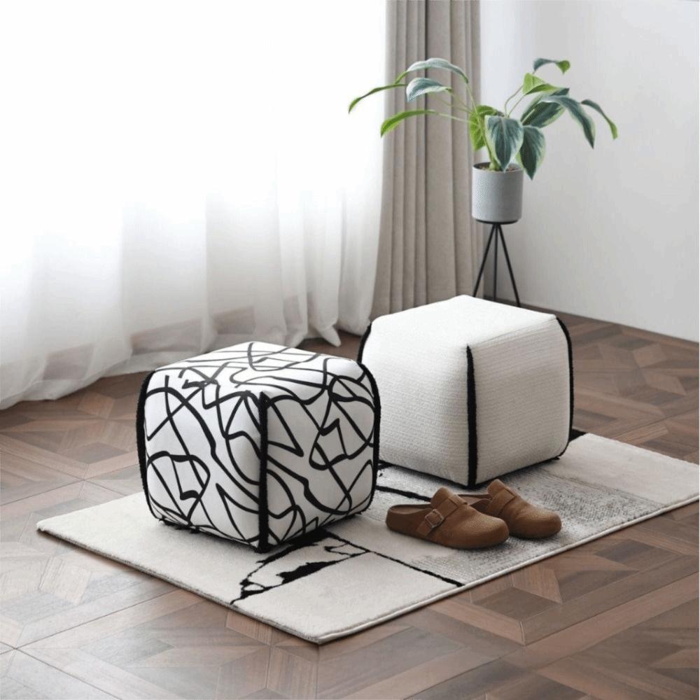 Square Shape Ottoman Stool Linen Fabric Seat Pouf Ins Style Shoe Changing Stool  Daily Application