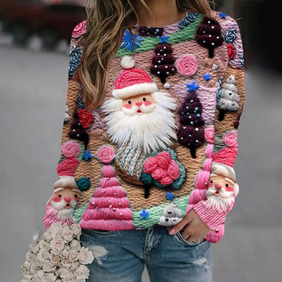 Christmas Sweatshirt Women 3D Xmas Tree House Print Crew Neck Long Sleeve Tops Lightweight Holiday Pullover Tops