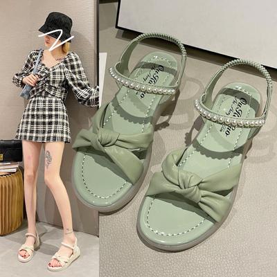 Летние сандалии женские с бантом модные элегантные жемчужные дышащие римские туфли с открытым носком для отдыха на открытом воздухе повседневные плоские женские туфли