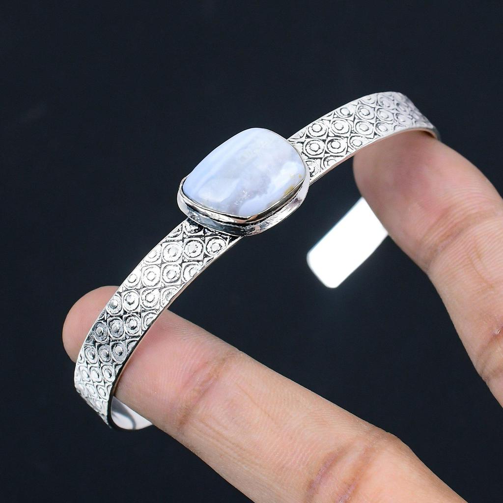 Daughters Day Sale Natural Blue Lace Agate Bangle Bracelet 925 Sterling Silver
