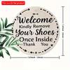 2d Flat 20*20cm, "Welcome, Please Take Off Your Shoes After Entering, Thank You" Circular Wooden Decoration, Suitable for Living Room, Cafe, Offices.