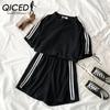 QICED Спортивный комплект с коротким рукавом и шортами для летних девочек, учениц средней школы, свободный повседневный спортивный костюм из двух предметов для бега и бега
