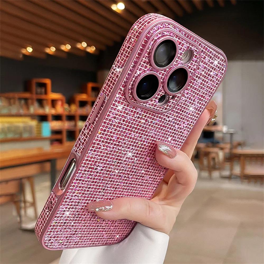 Чехол-накладка на весь экран с блестками в клетку и пайетками для iPhone 17 16 15 14 13 12 Pro Max, Сверкающий чехол с защитой камеры