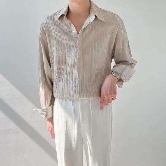 Летняя мужская рубашка с отложным воротником и длинными рукавами, плиссированный однобортный свободный однотонный кардиган на пуговицах, тонкий деловой офис