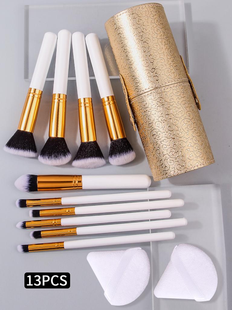 Beginner's 10-piece Makeup Brush Set, 2 Triangular Sponge Powder Puffs, Golden Storage Bucket, Portable Full Set of Beauty Tools
