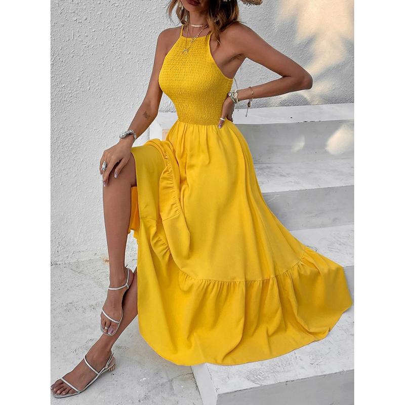Модное сексуальное вечернее платье без рукавов для женщин, летнее отпускное платье А-силуэта с открытой спиной, повседневные длинные платья для женщин, винтажное нестандартное желтое платье с высокой талией 26205