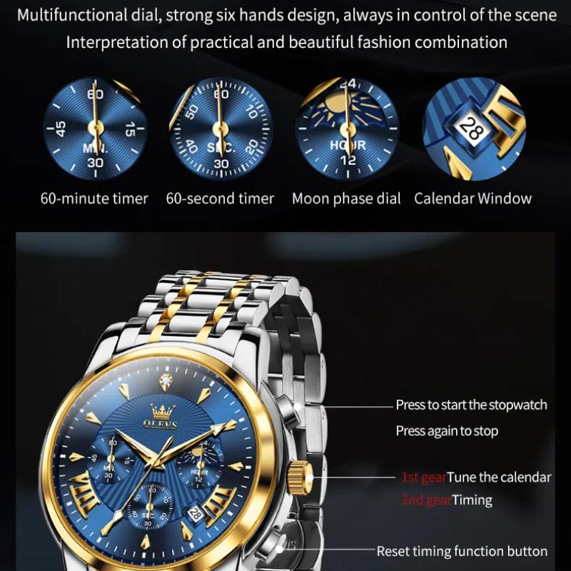 Мужские кварцевые часы, водонепроницаемые, светящиеся, с тремя глазами, 24-часовой циферблат, ежемесячное смотровое окно, календарь, мужские деловые модные часы
