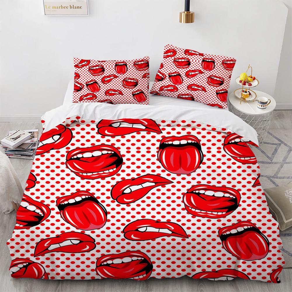 3D Print Red Lips Duvet Cover Set Sexy Theme Romantic Style For Girls Women Couple Bedding Set King Queen Size With Pillowcase