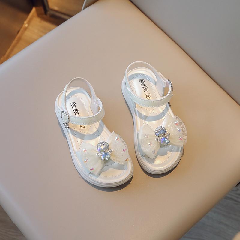 2024 Summer New Solid Mesh Rhinestone Bow Versatile Open Toe Children's Sandals Non-slip Princess Performance Shoes for Party