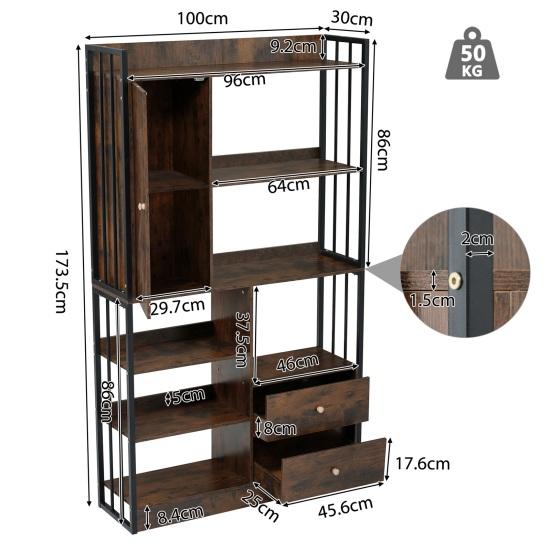 Bookcase, 6 Shelf Bookcase with Doors And Drawers Floor To Ceiling Bookcase, Industrial Bookcase, Steel Shelf,