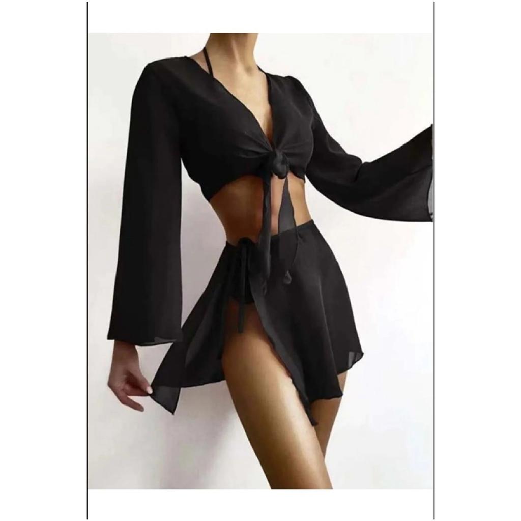 Women's Black Tulle Transparent Skirt Suit Seawear