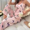 Butterfly Print Pajama Set V Neck Cami Top Elastic Waistband Pants Women's Sleepwear Loungewear