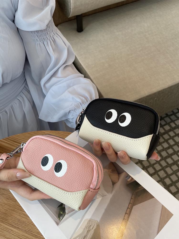 2025 Women's Cute Cartoon Leather Coin Purse: Cowhide Wristlet with Triple Zipper Key Storage