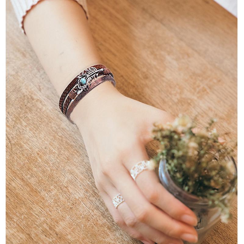 Qi Nuo Multi-Layer Leather Bracelet with Buckle and Feather Charm