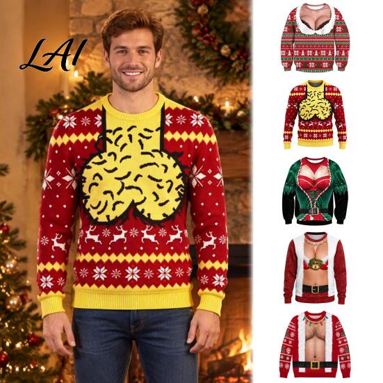 Relaxed Fit Holiday Shirt for Men Christmas 3D Printed Ugly Knitted Tops Funny Fake Hairy Festive Graphic Pullover Winter Wear Chest Sweater,
