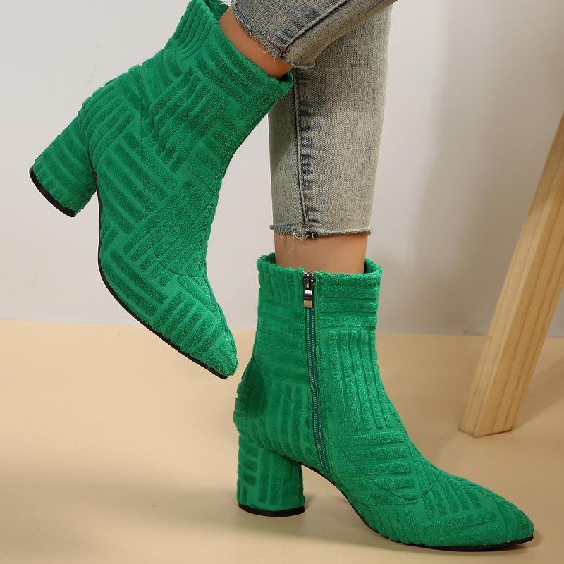 Large size thick heel high heel boots new solid color side zipper pointed short fashion boots