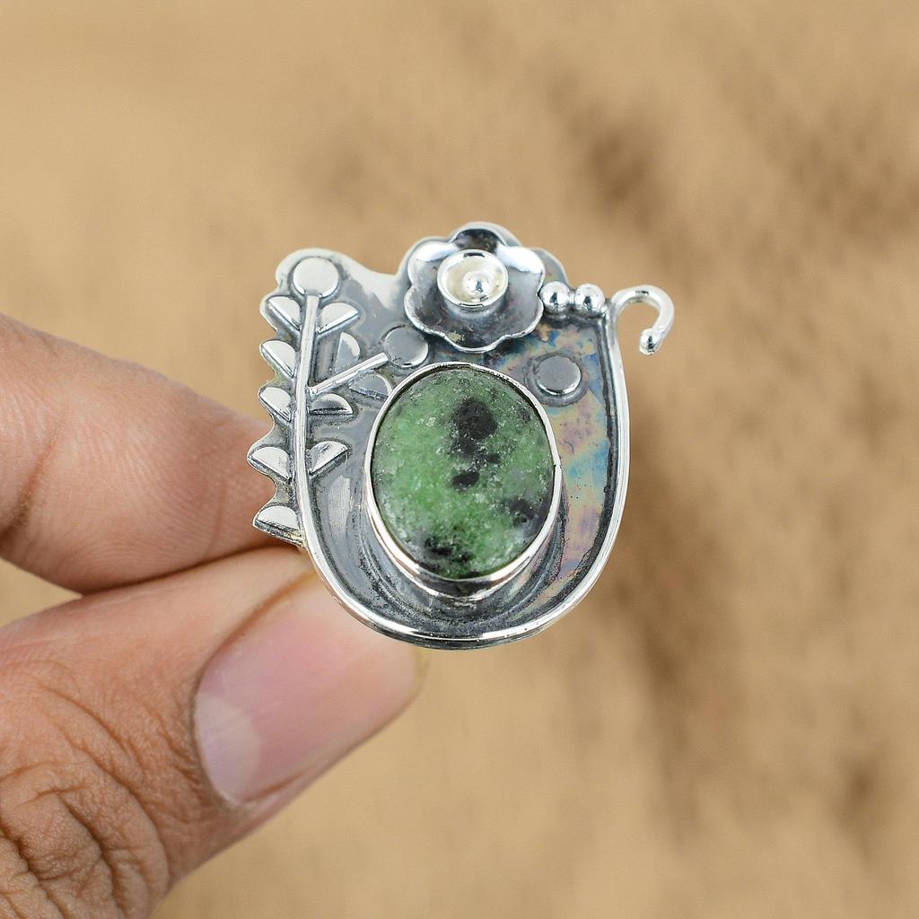 Кольцо-заявление из стерлингового серебра с рубиновым цоизитом, в стиле ар-деко, с цветком, этническое, обещание